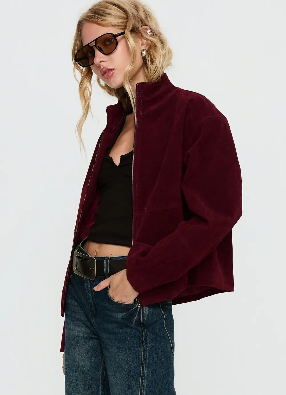 Jessalynn Faux Suede Zip Through Jacket Burgundy