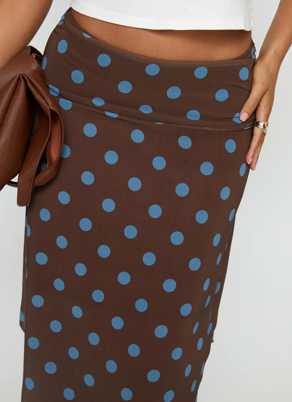Daphene Asymmetrical Midi Skirt Brown / Blue Polka Dot