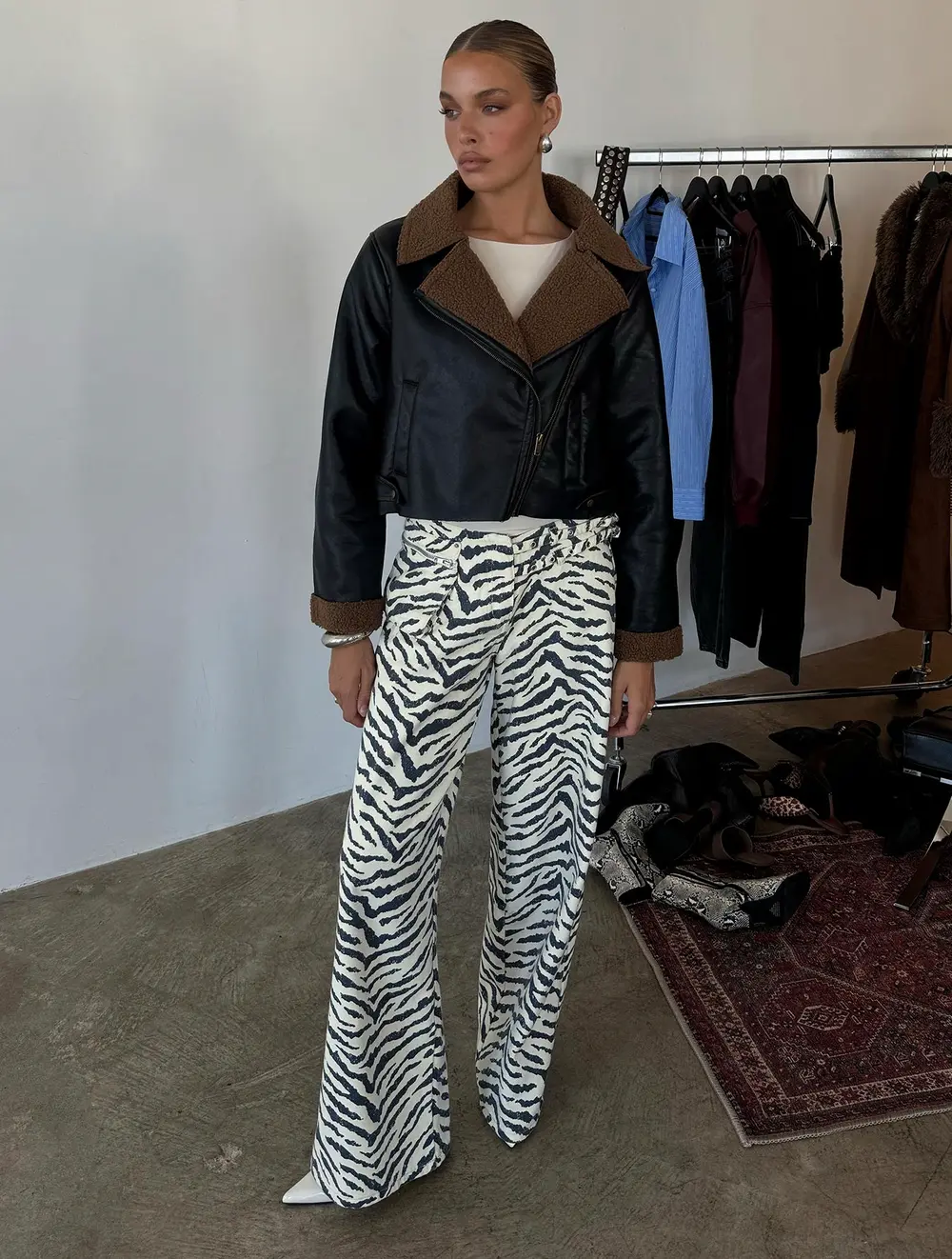 Shearling Trim Faux Leather Jacket Black