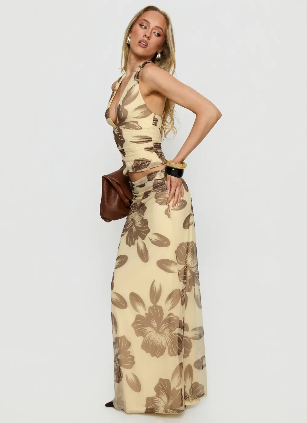 Roselin Mesh Maxi Skirt Brown Floral