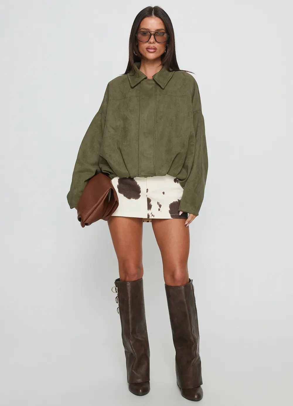 Enlightened Faux Suede Bomber Jacket Khaki