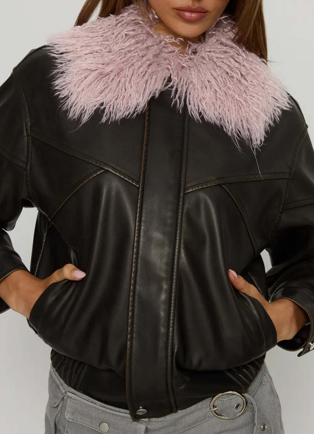 Brittanni Fluffy Collar Jacket Brown / Pink