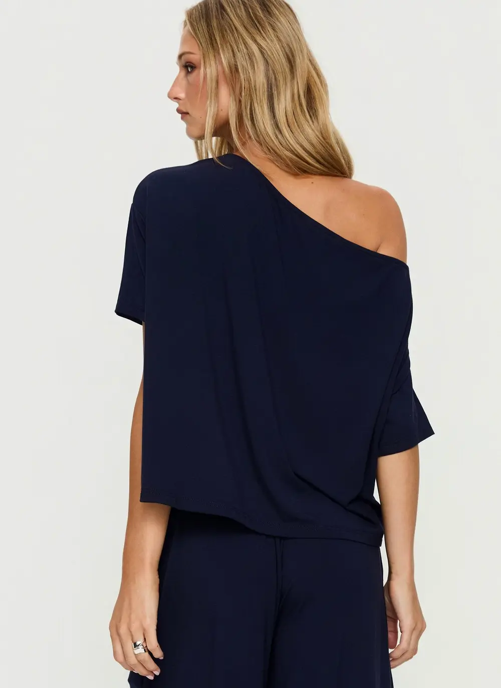 Cozy Hour Sleep Relaxed Off Shoulder Top Navy