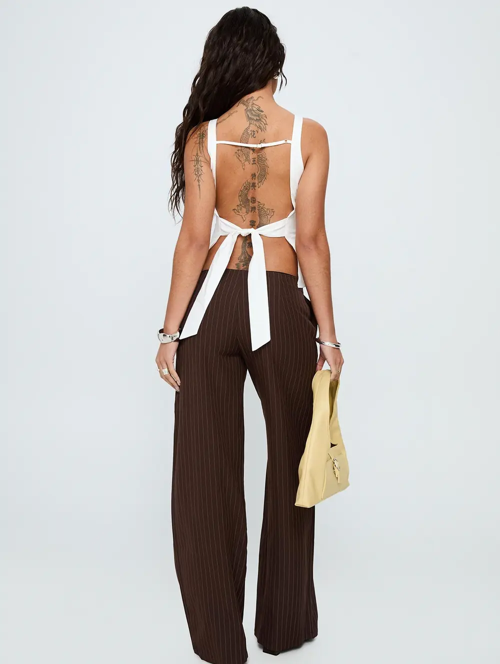 Khane Low Rise Wide Leg Pant Brown Pinstripe