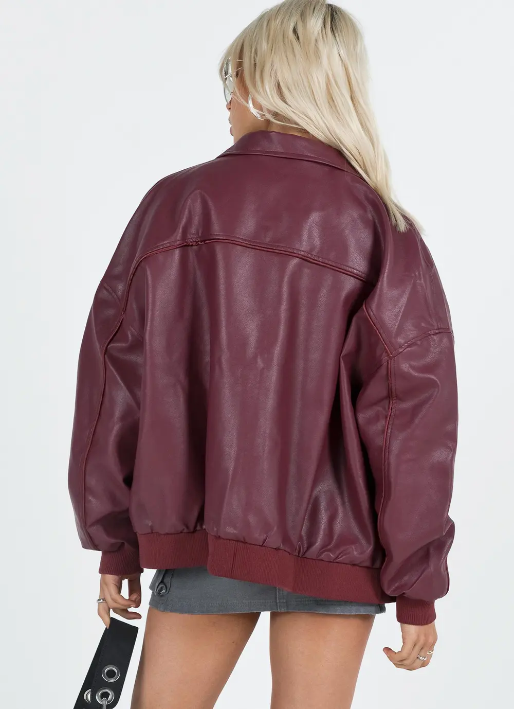 Goldsmith Faux Leather Bomber Jacket Burgundy