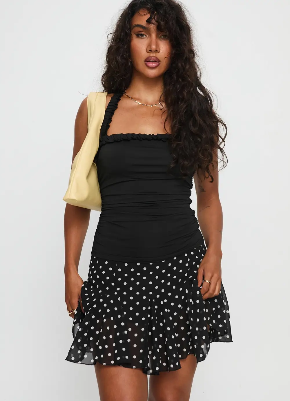 Godet Mini Skirt Black / White Polka