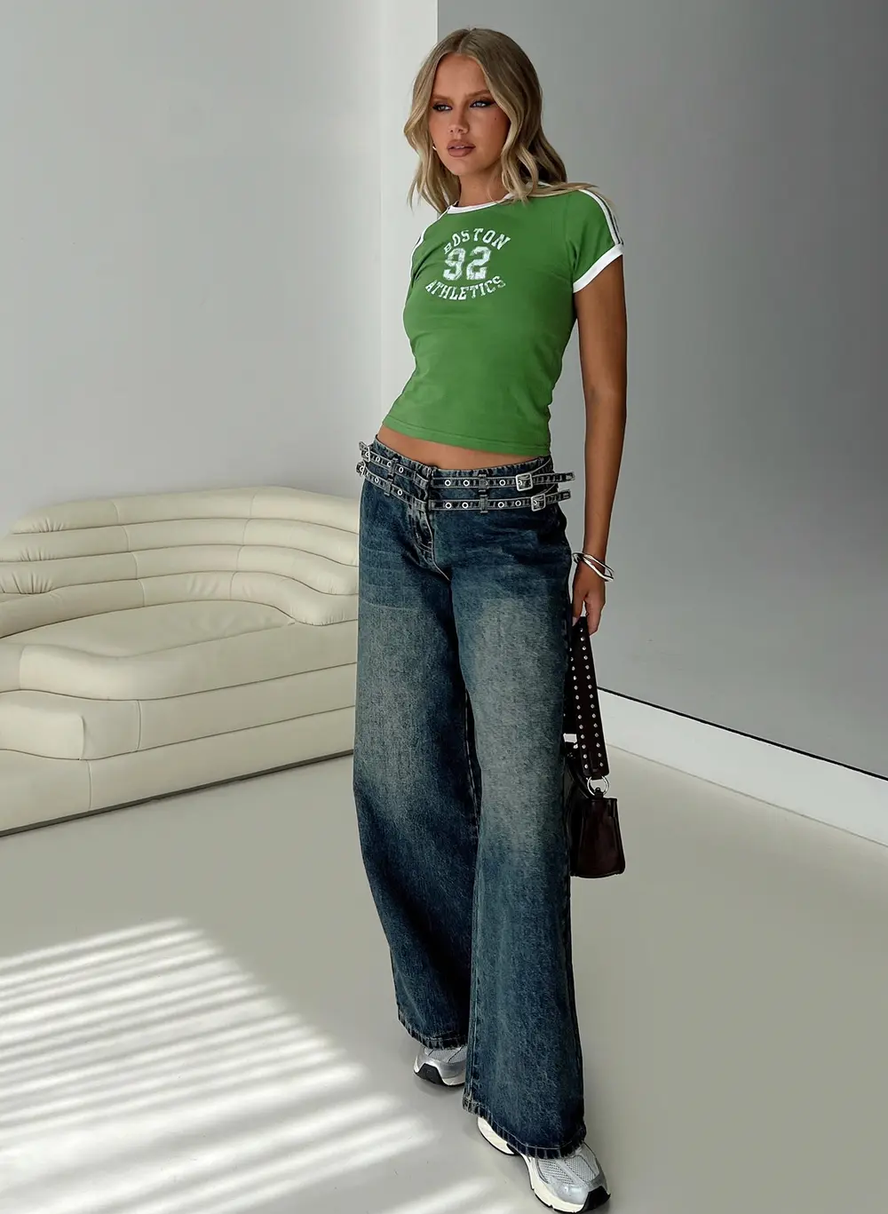 Baccarat Mid Rise Wide Leg Belted Jeans Dark Blue