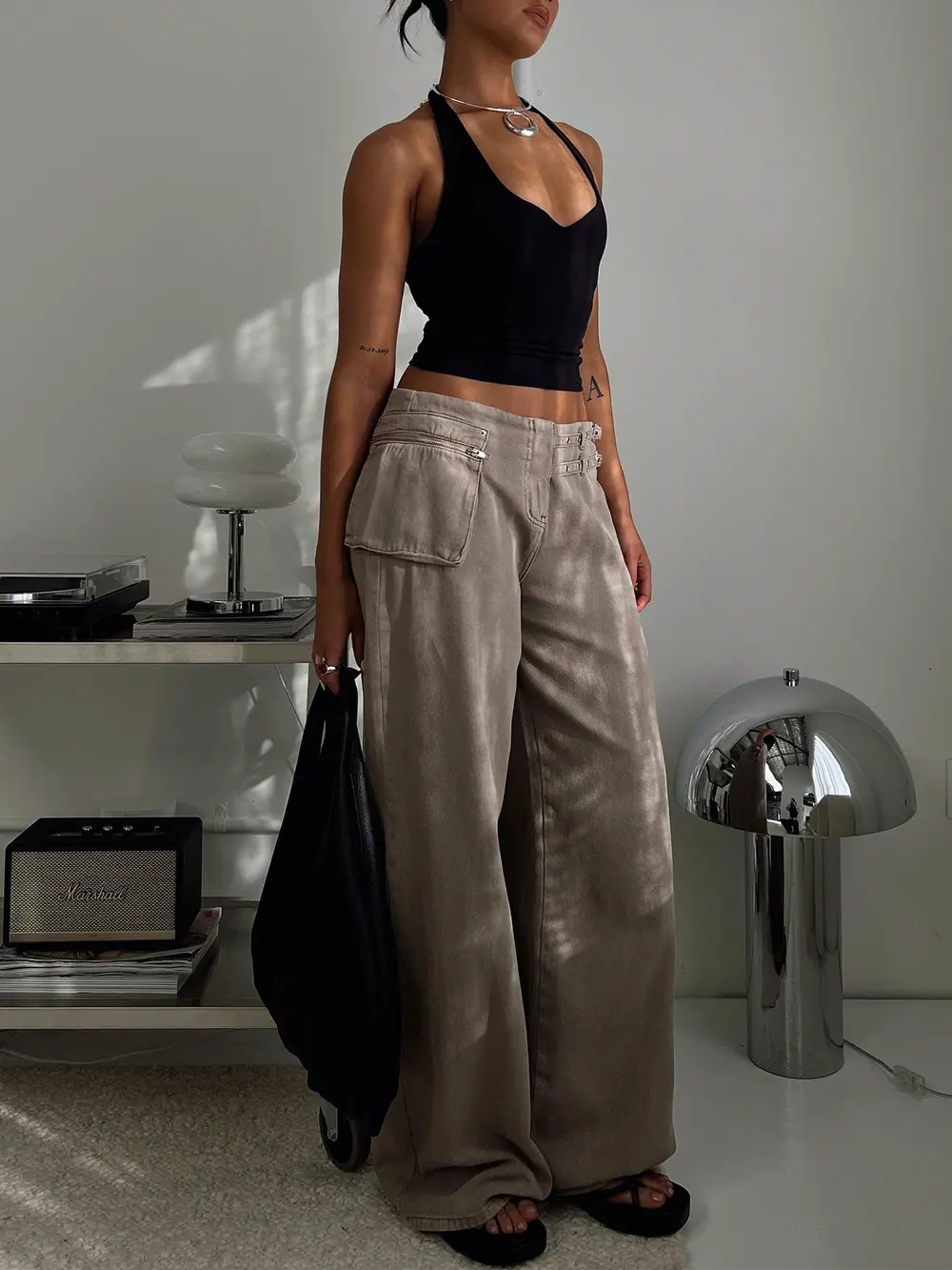 Paltrow Mid Rise Wide Leg Cargo Jeans Washed Brown Petite