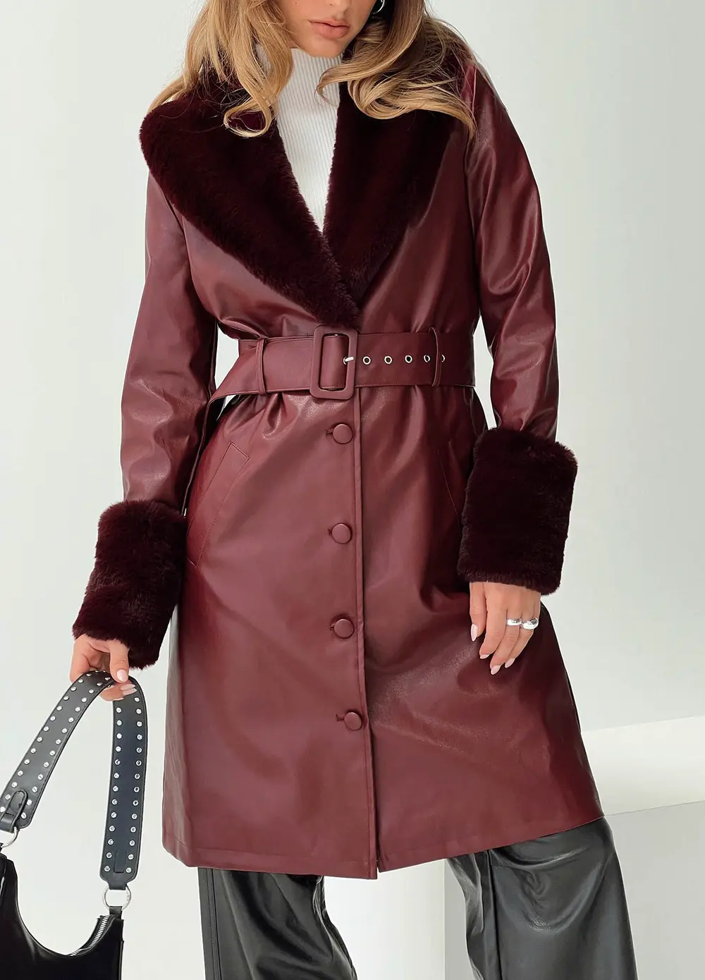 Brooklyn Faux Leather Longline Coat Burgundy