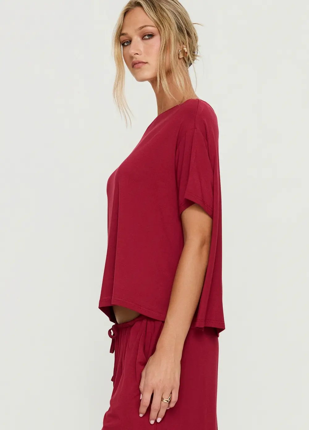 Cozy Hour Sleep Relaxed Off Shoulder Top Red