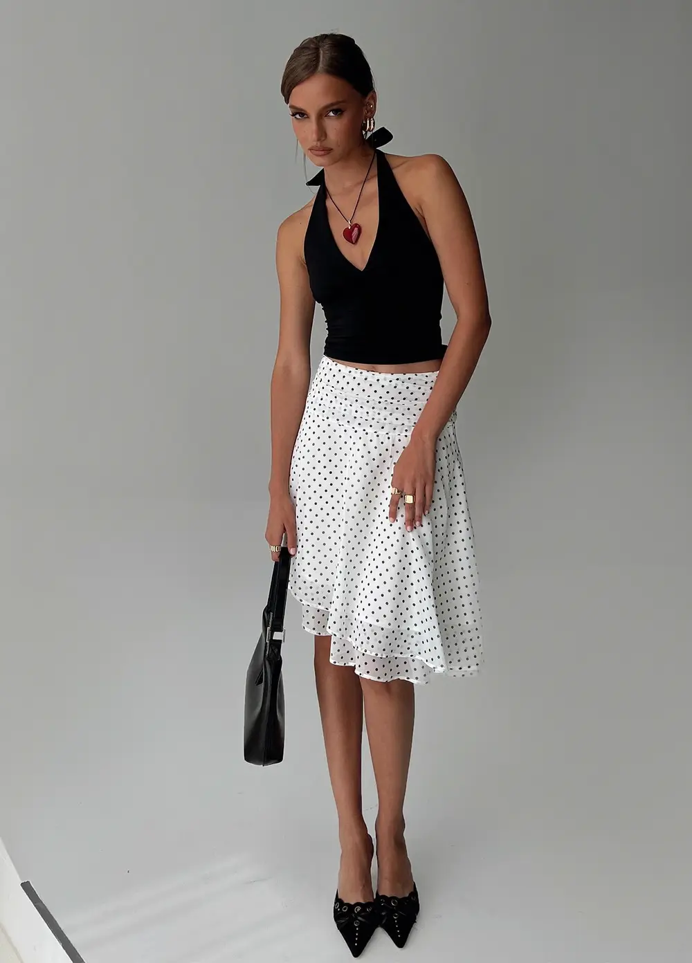 Evanescence Asymmetrical Midi Skirt White / Polka Dot