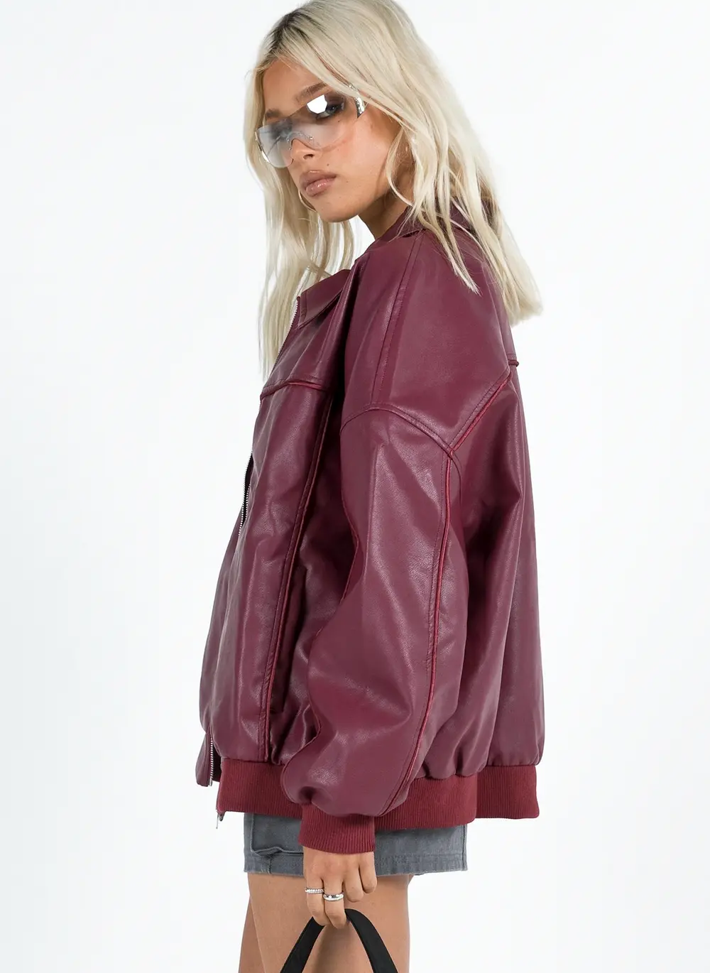 Goldsmith Faux Leather Bomber Jacket Burgundy