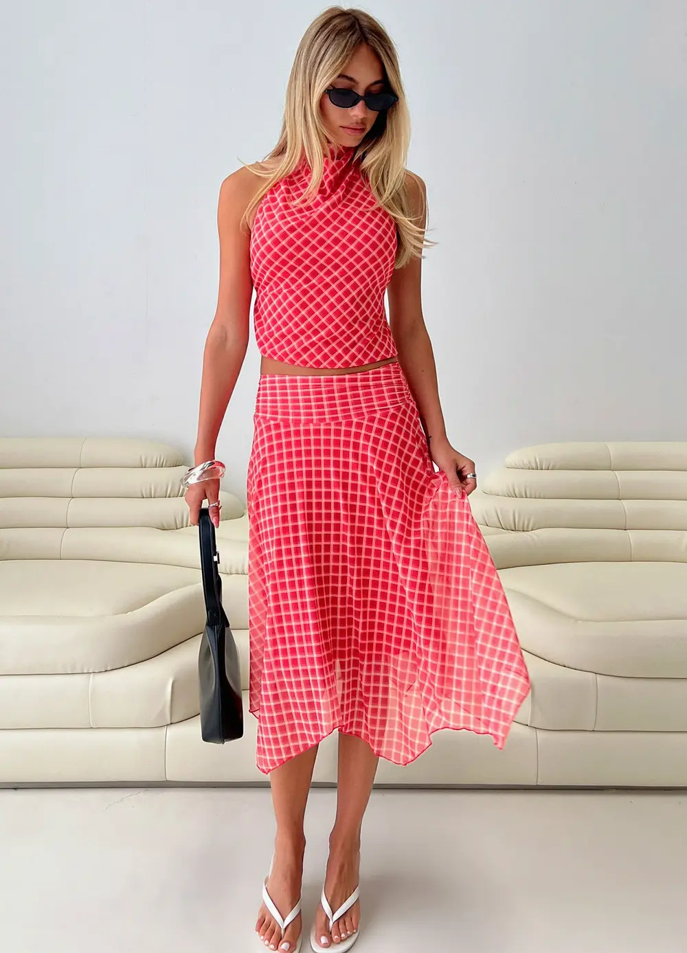 Scenic Route Asymmetrical Midi Skirt Red Check