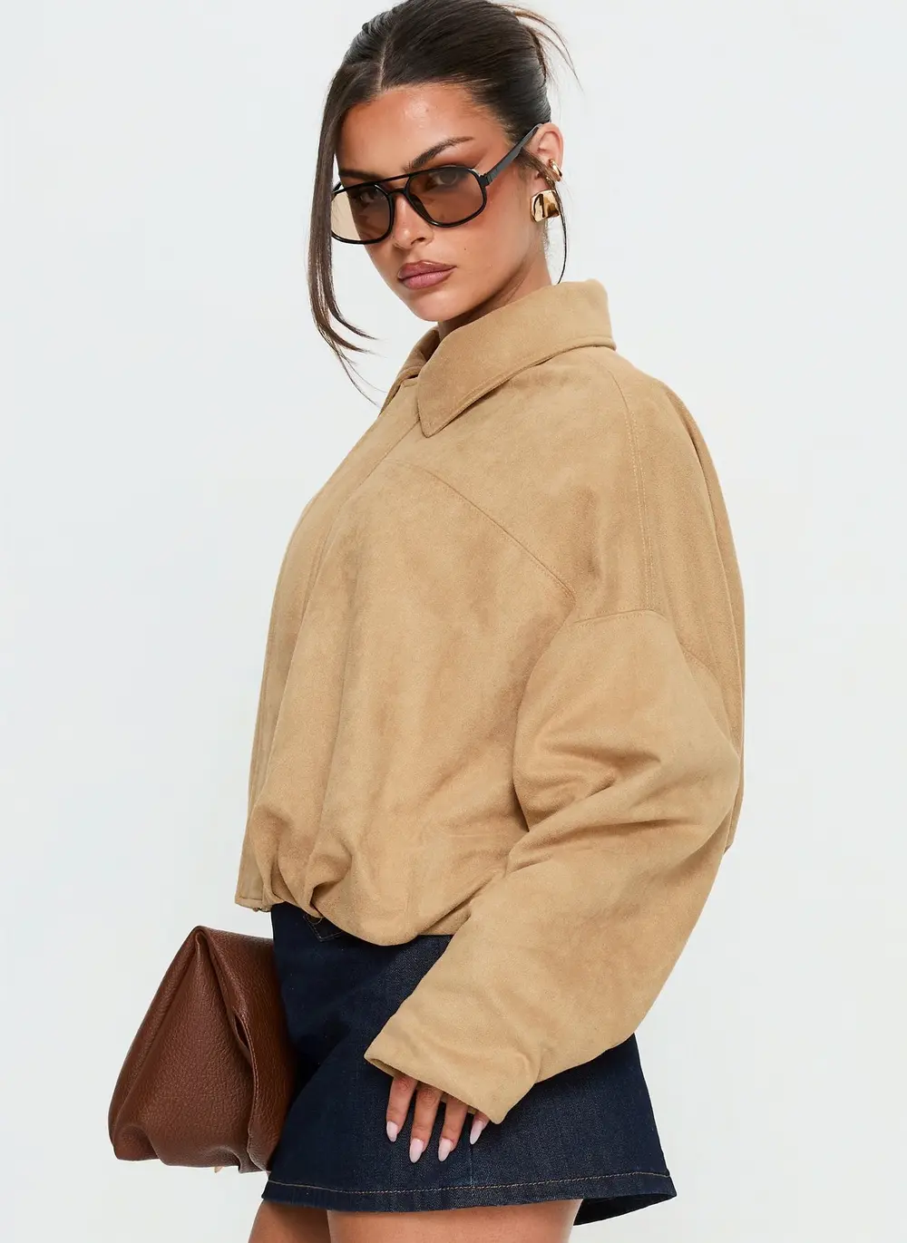 Enlightened Faux Suede Bomber Jacket Beige