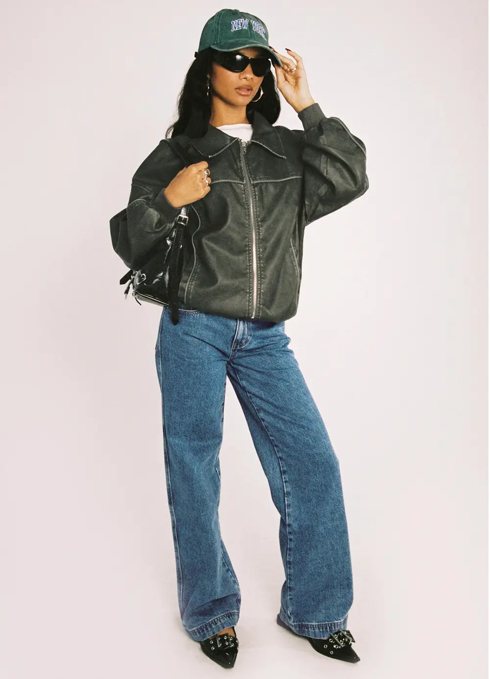 Goldsmith Faux Leather Bomber Jacket Washed Forest