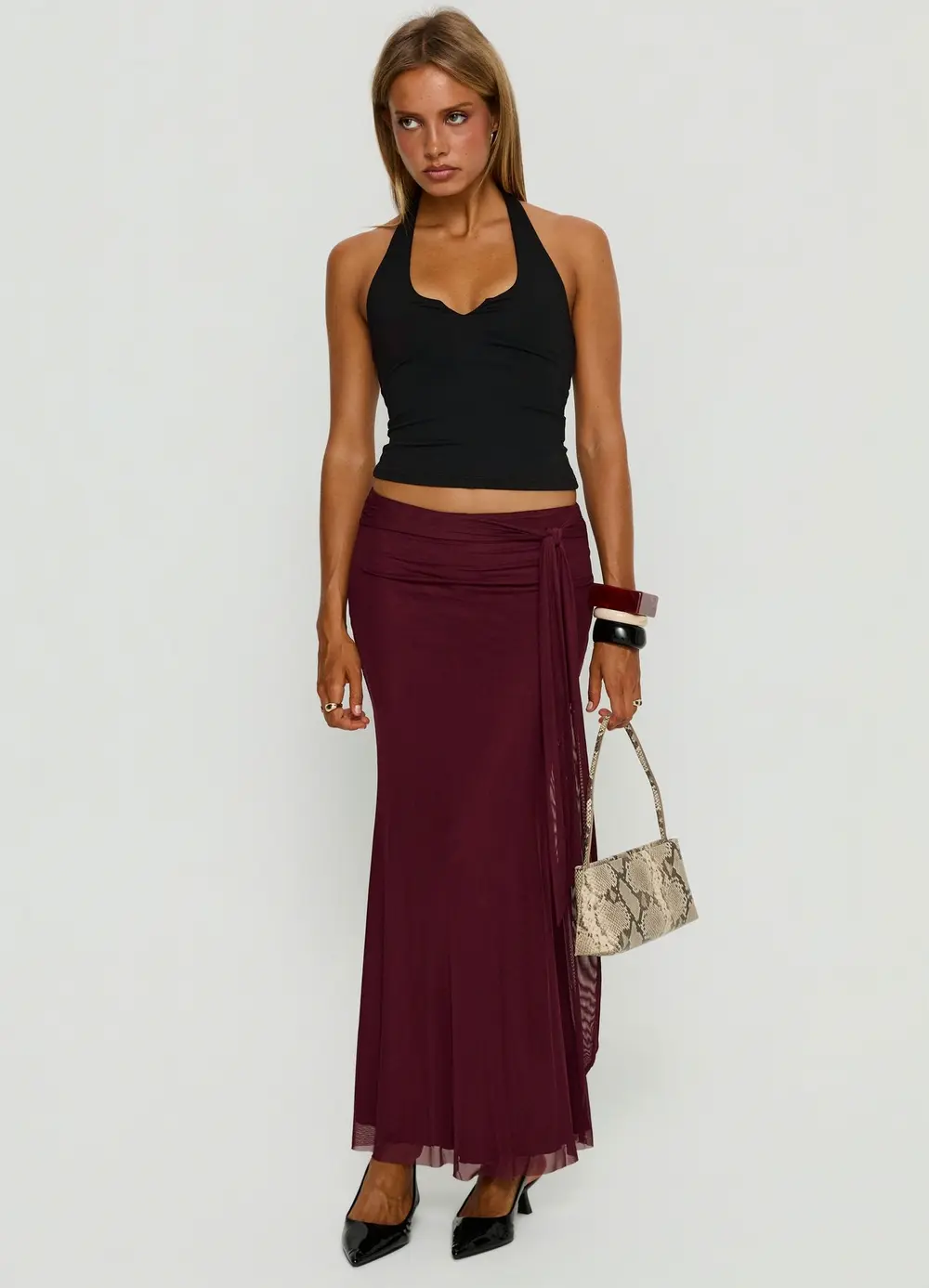 Caviar Tie Maxi Skirt Currant