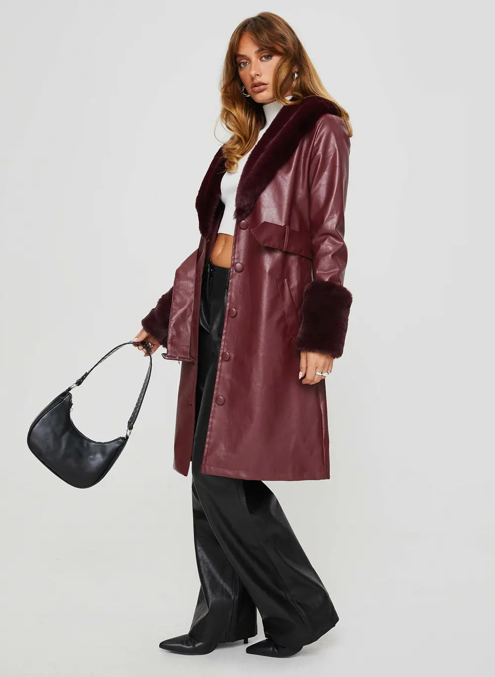 Brooklyn Faux Leather Longline Coat Burgundy