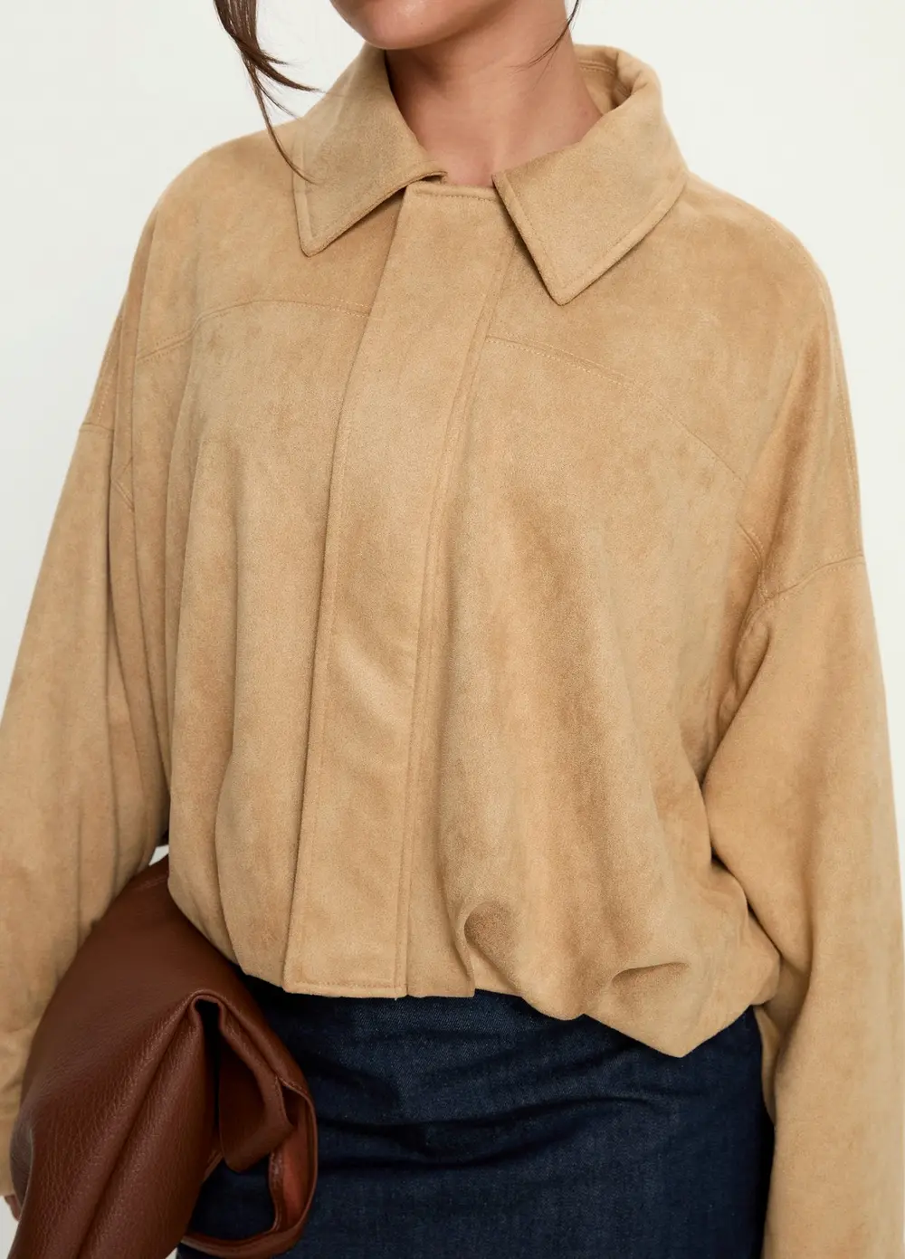 Enlightened Faux Suede Bomber Jacket Beige