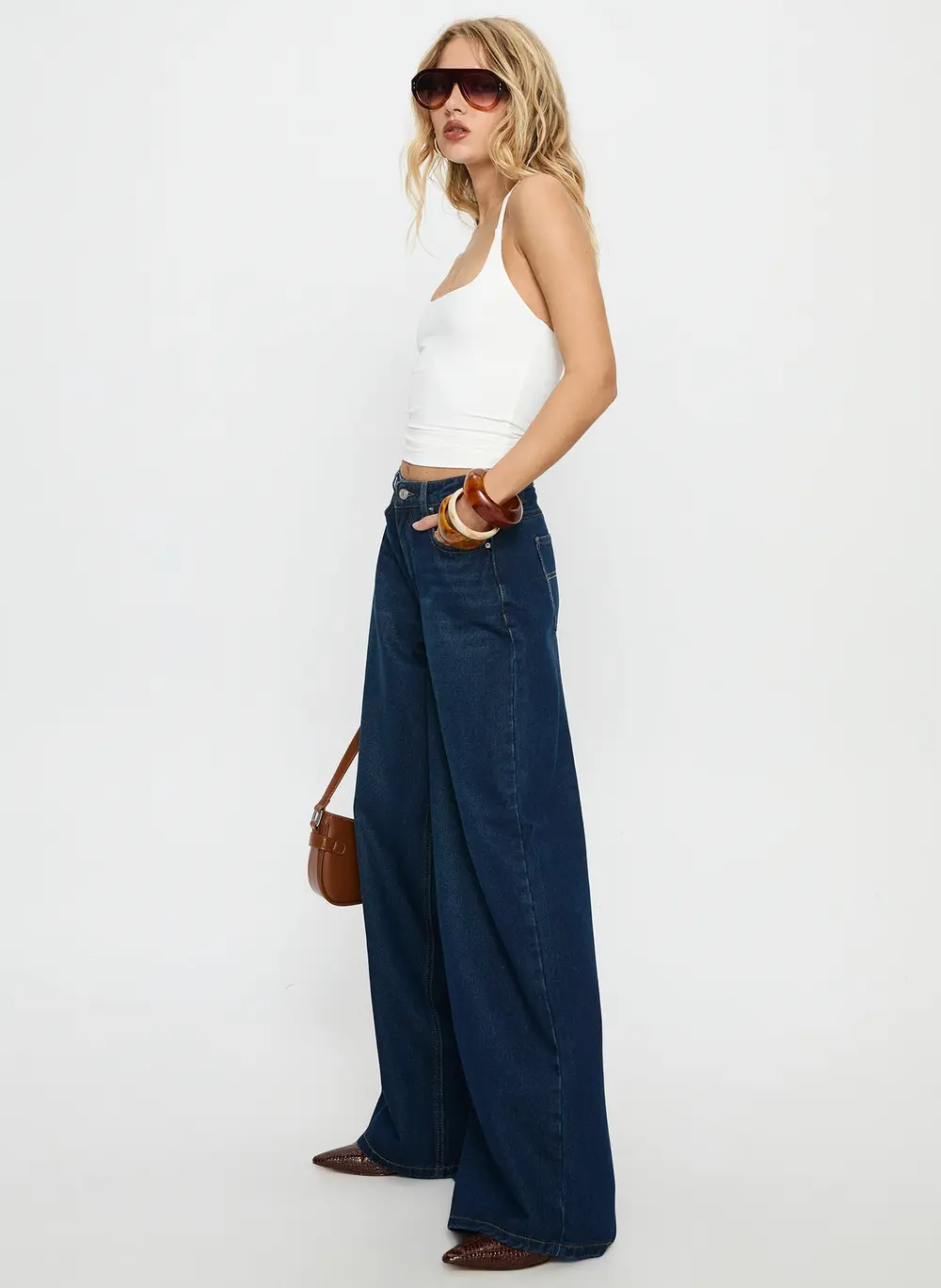 Naylor Mid Rise Wide Leg Jeans Mid Blue Denim