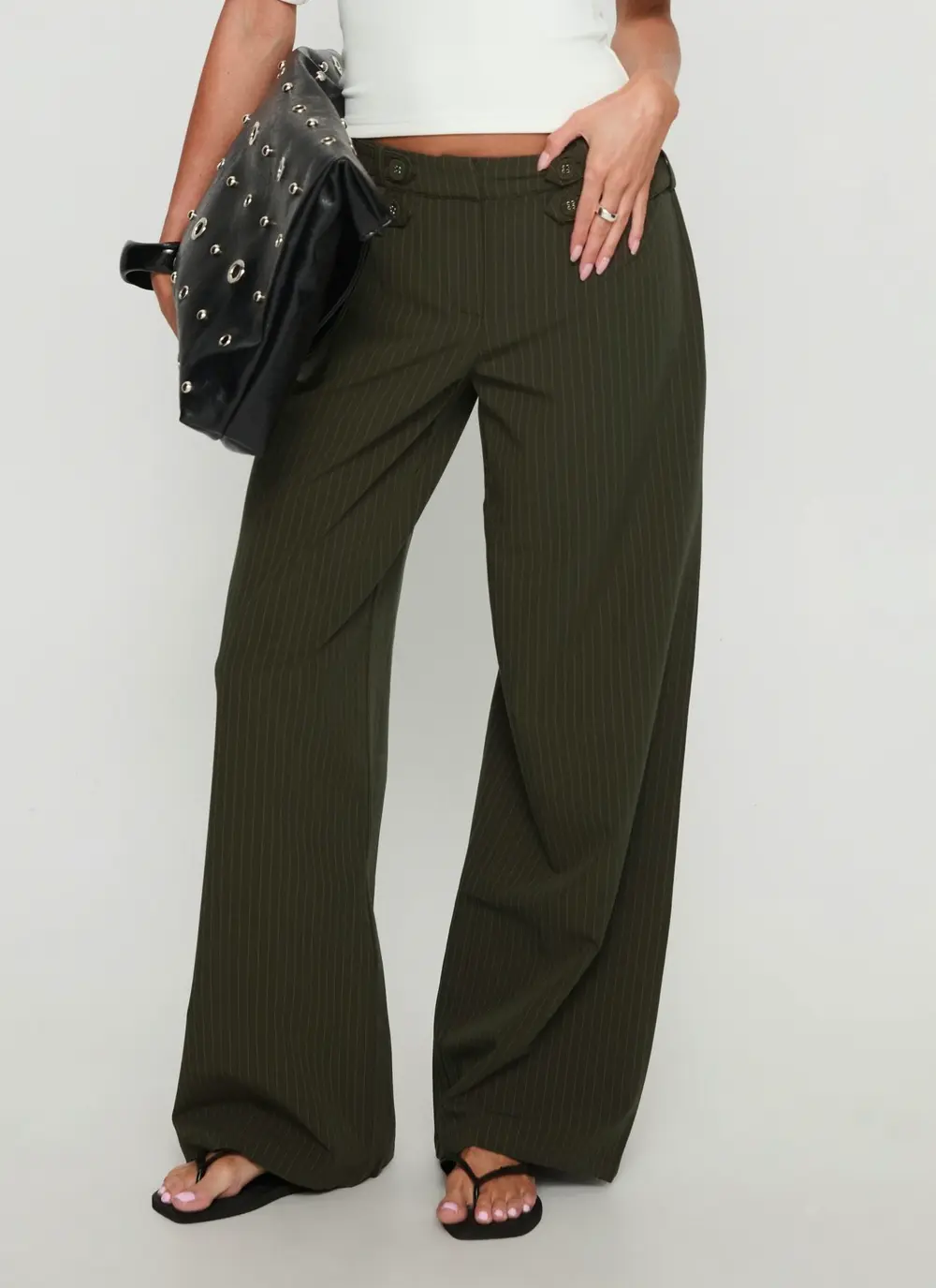Jette Tailored Buckle Pant Green Pinstripe
