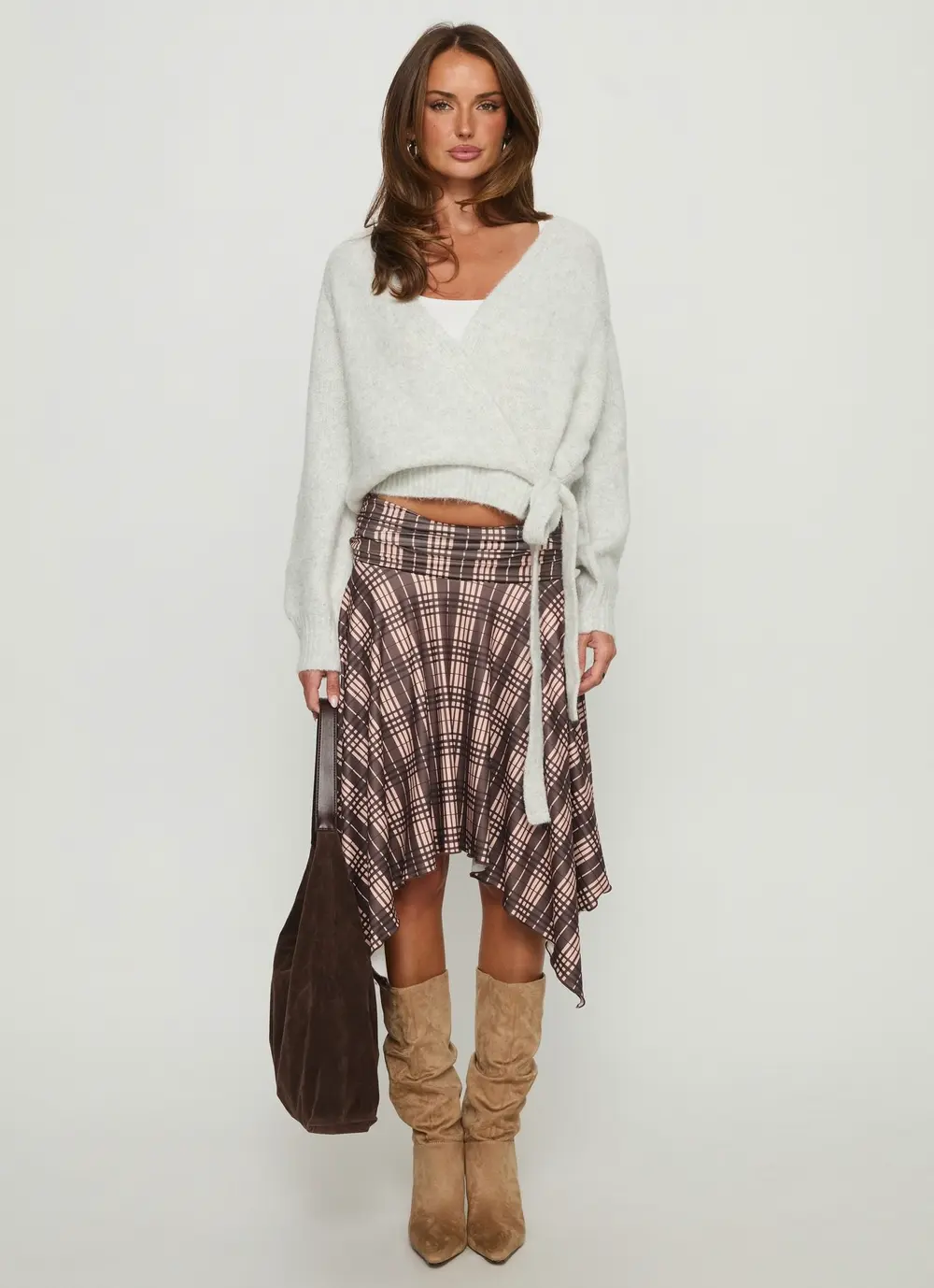 Scholar Asymmetrical Midi Skirt Brown Check