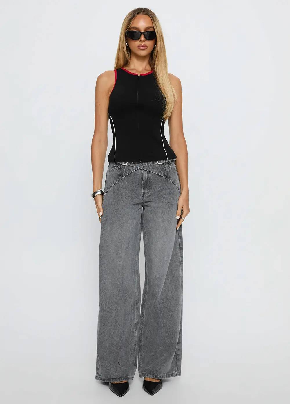 Mckinley Mid Rise Wide Leg Jeans Washed Grey