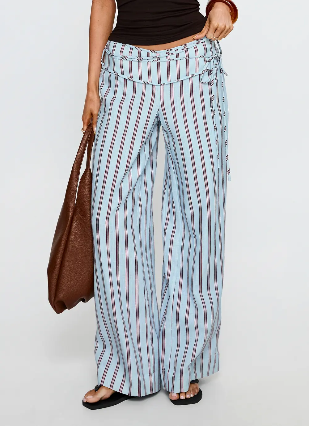 Silver Moon Linen Blend Tie Pants Blue / Maroon Stripe