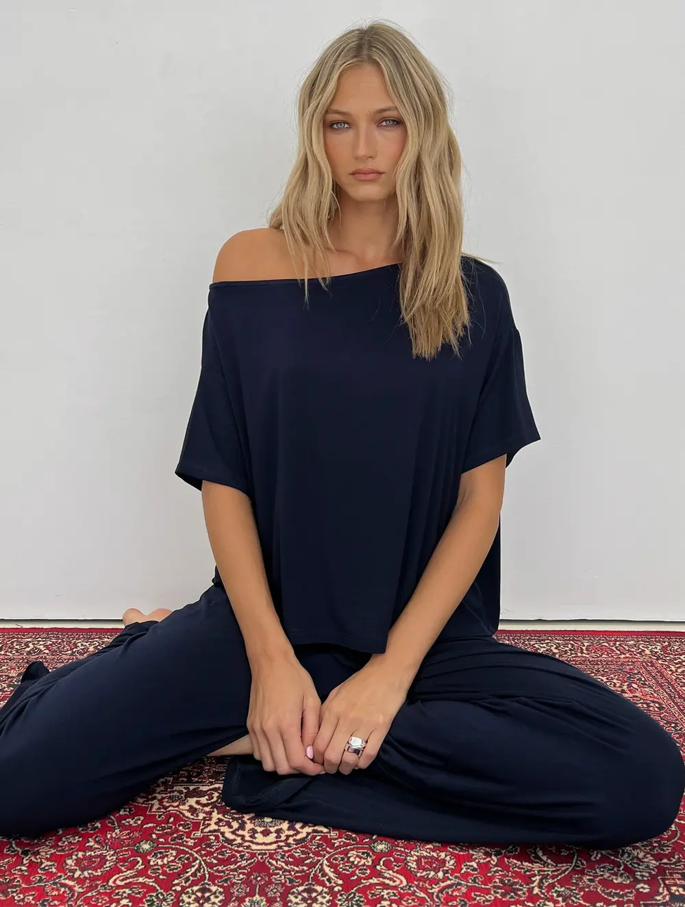 Cozy Hour Sleep Relaxed Off Shoulder Top Navy
