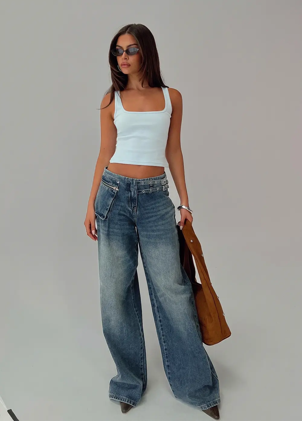 Paltrow Mid Rise Wide Leg Cargo Jeans Mid Blue Wash