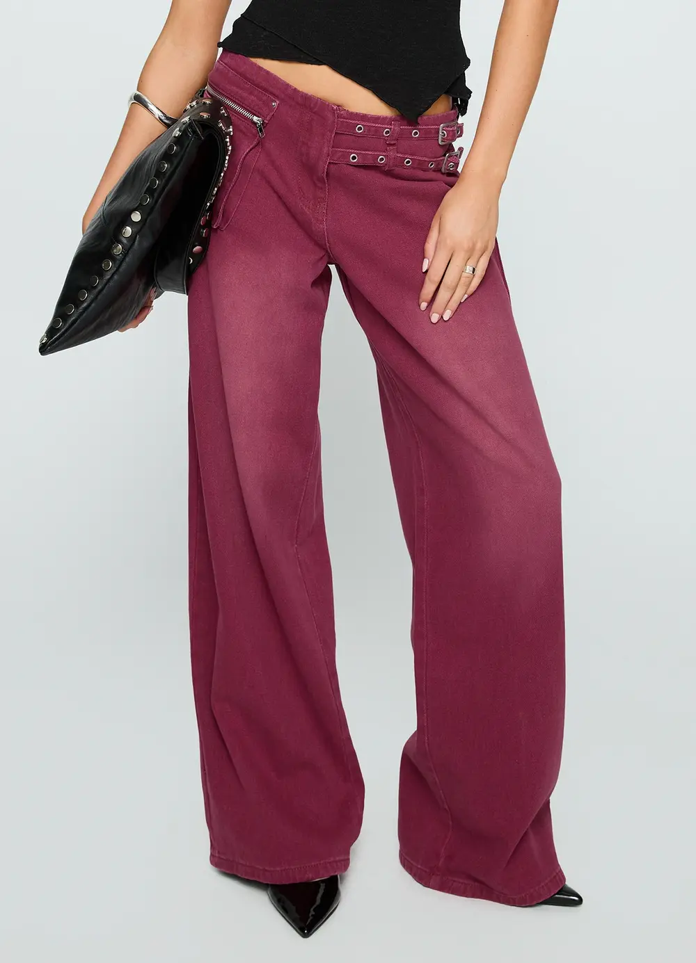 Paltrow Mid Rise Wide Leg Cargo Jeans Washed Burgundy