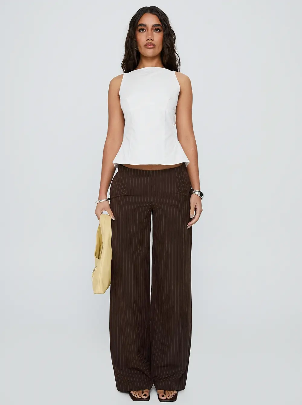 Khane Low Rise Wide Leg Pant Brown Pinstripe