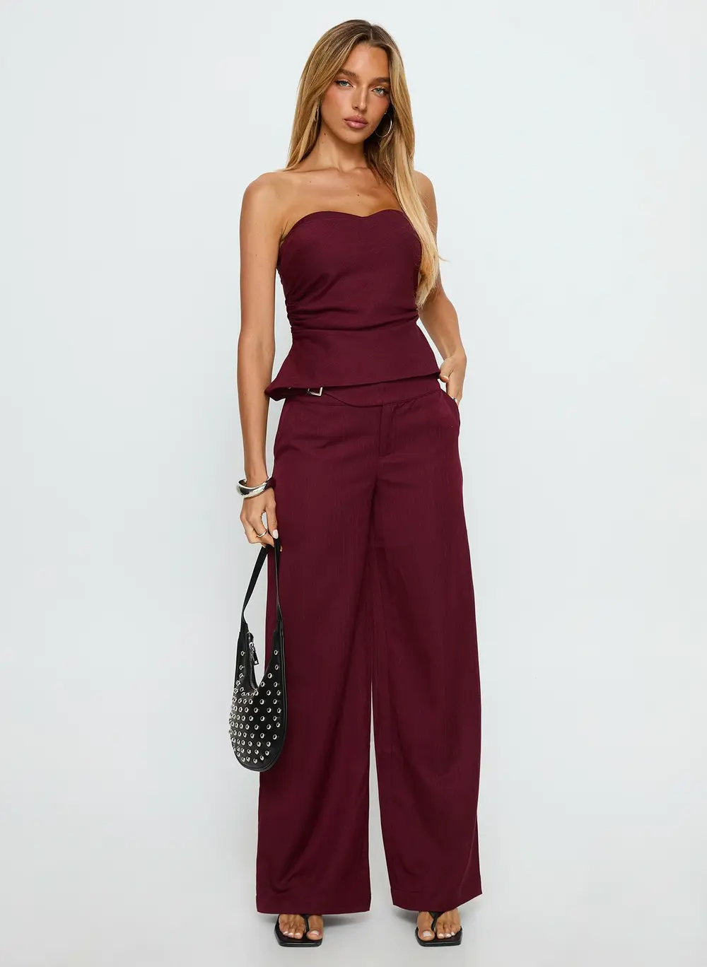 Jinny Relaxed Buckle Tailored Pants Berry Pinstripe