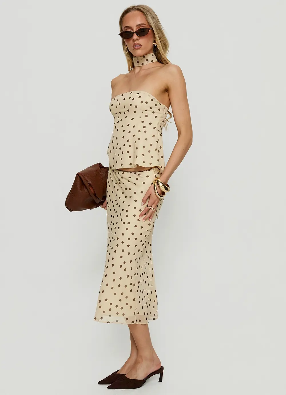 Sydni Midi Bias Cut Skirt Yellow / Chocolate Polka