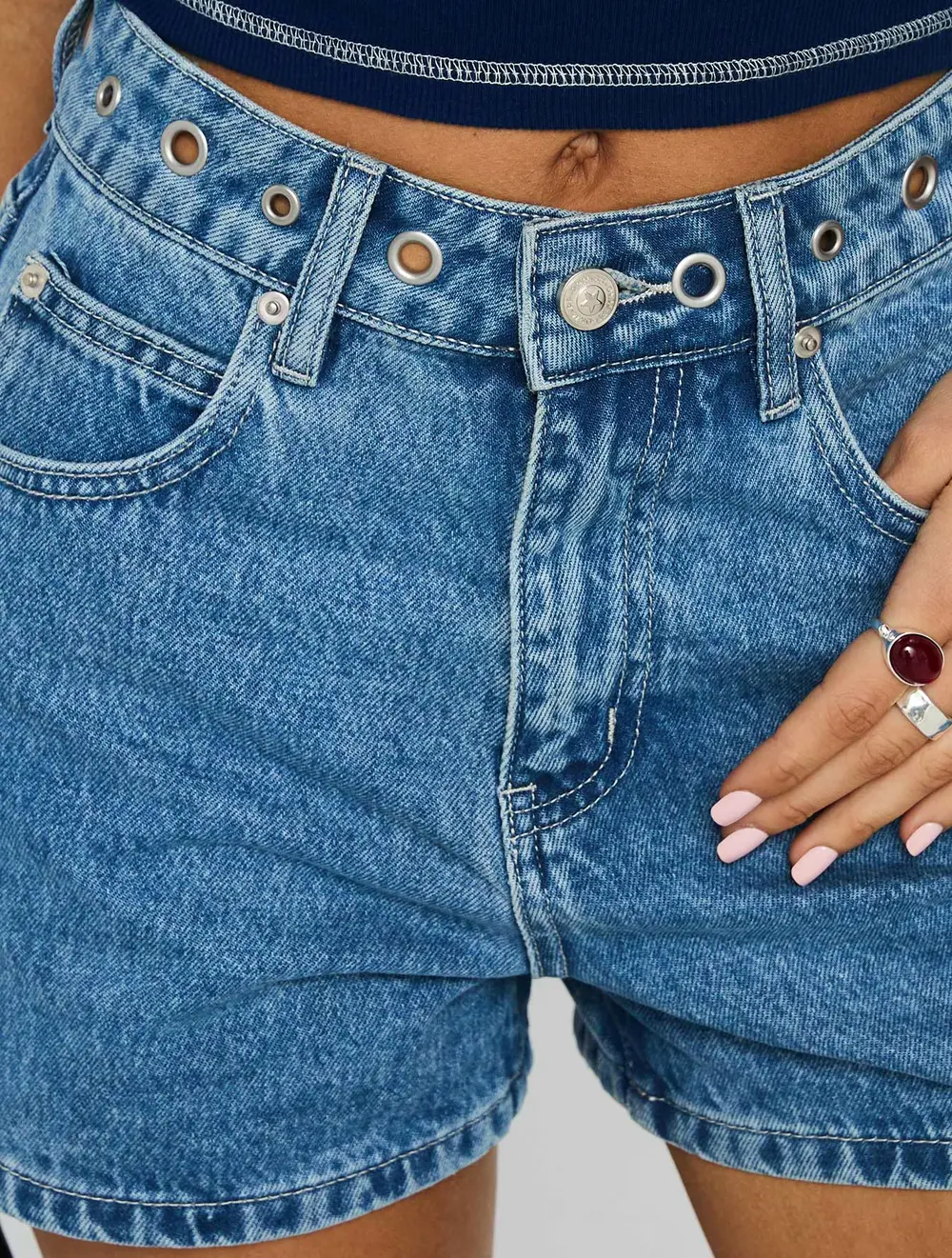 Tropicana Denim Eyelet Detail Shorts Mid Blue