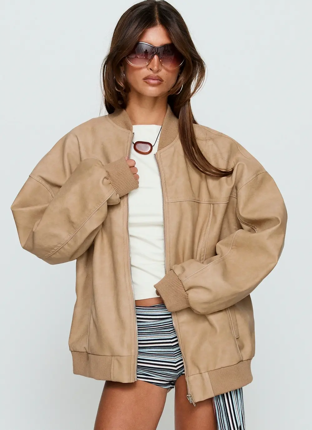 Believe It Faux Leather Bomber Jacket Washed Stone