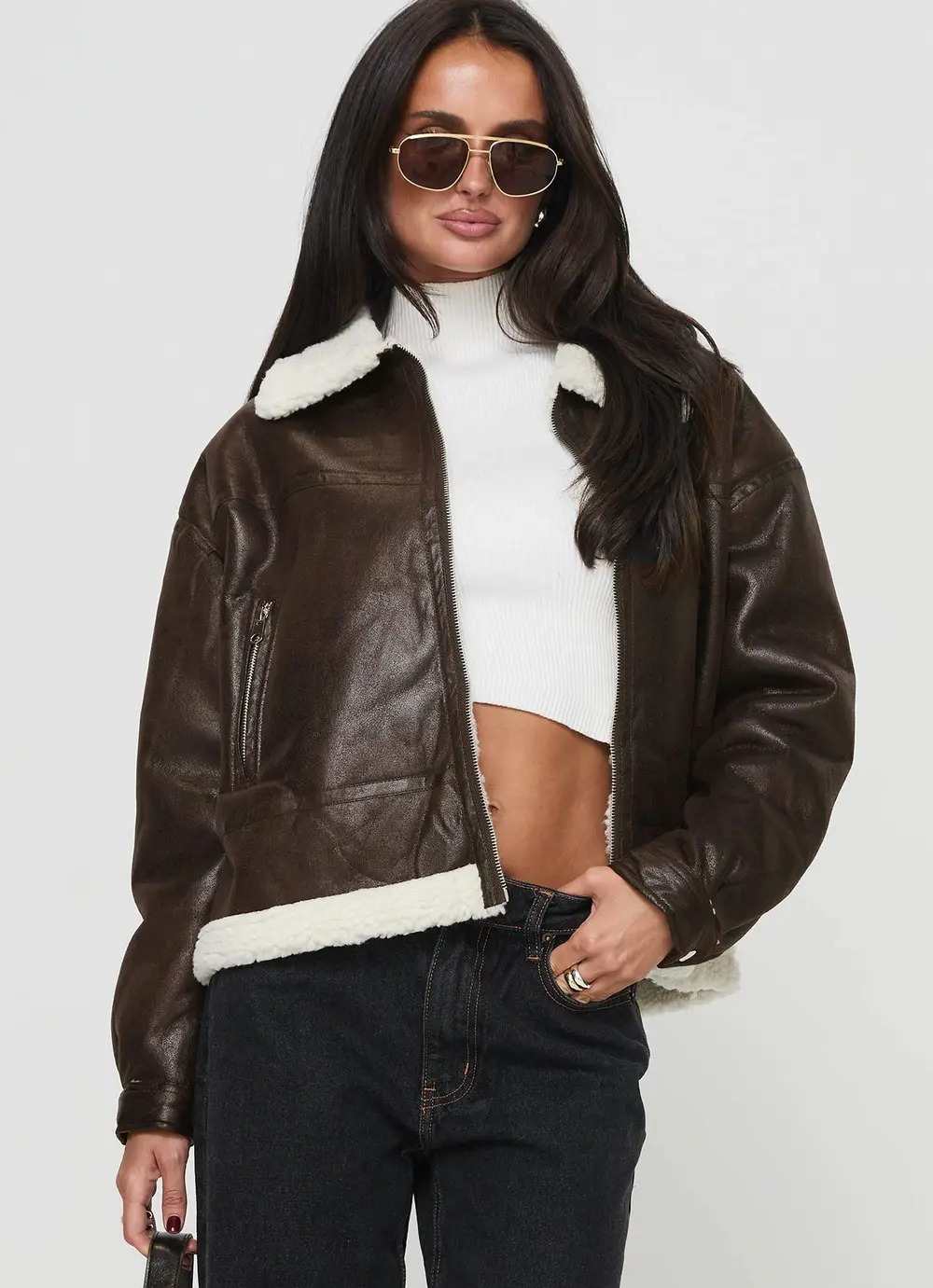 Solara Faux Leather Shearling Jacket Chocolate