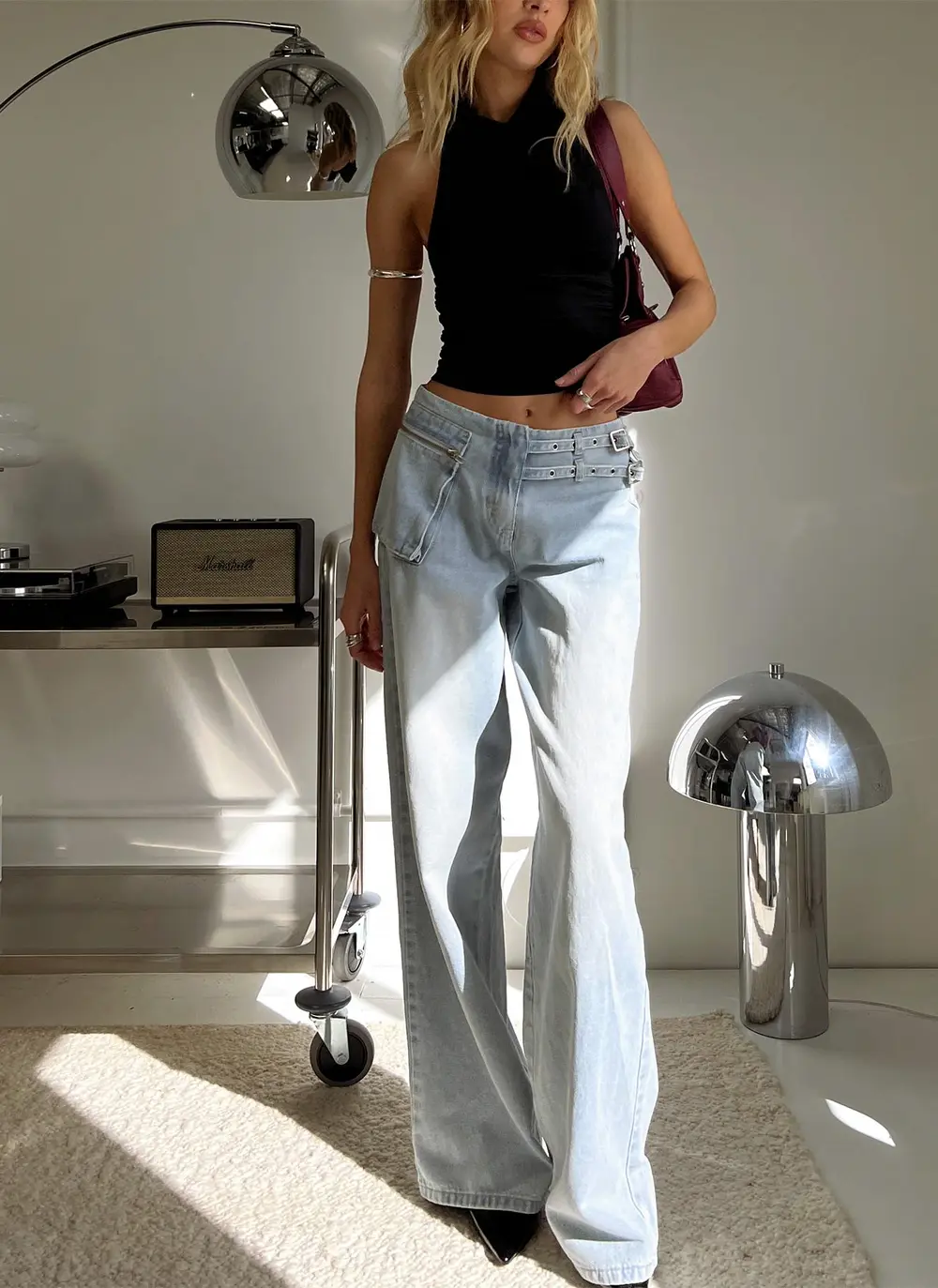 Paltrow Mid Rise Wide Leg Cargo Jeans Faded Blue Wash