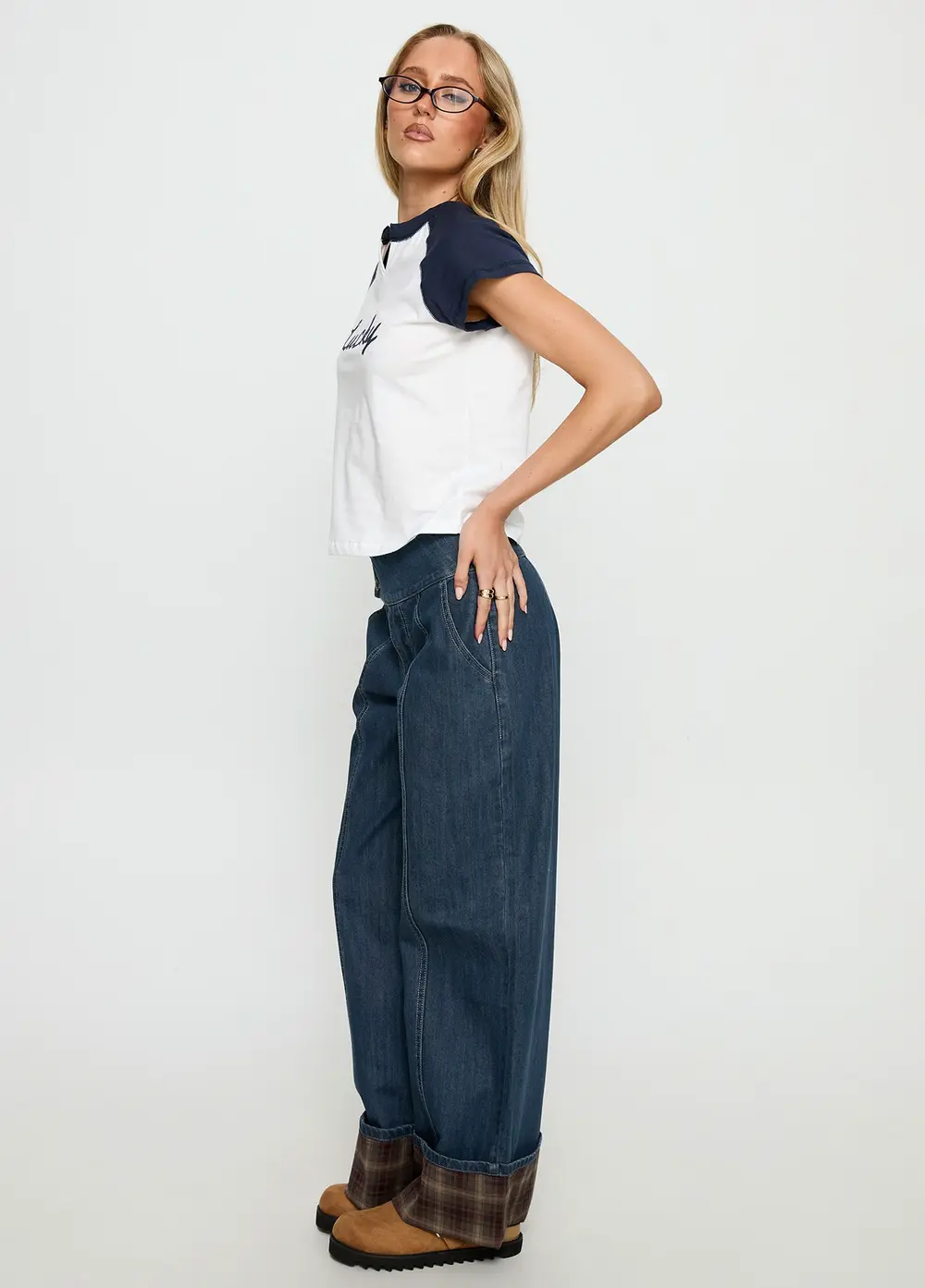 Nikoletta Foldover Jeans Dark Wash / Check