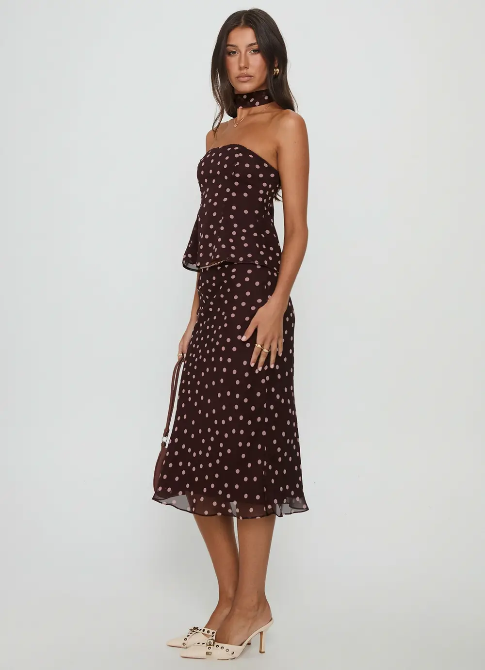 Sydni Midi Bias Cut Skirt Chocolate / Pink Polka