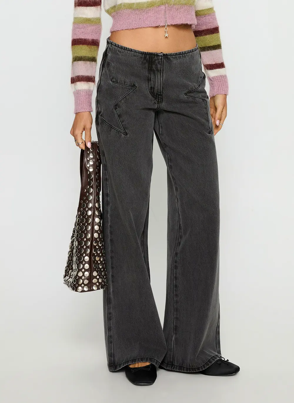 Dolley Star Stitch Mid Rise Wide Leg Jean Grey Wash