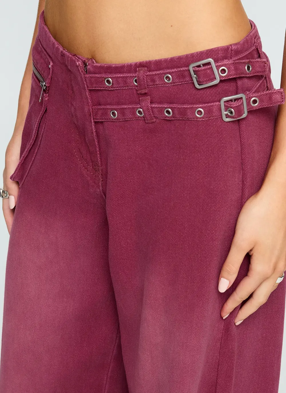 Paltrow Mid Rise Wide Leg Cargo Jeans Washed Burgundy