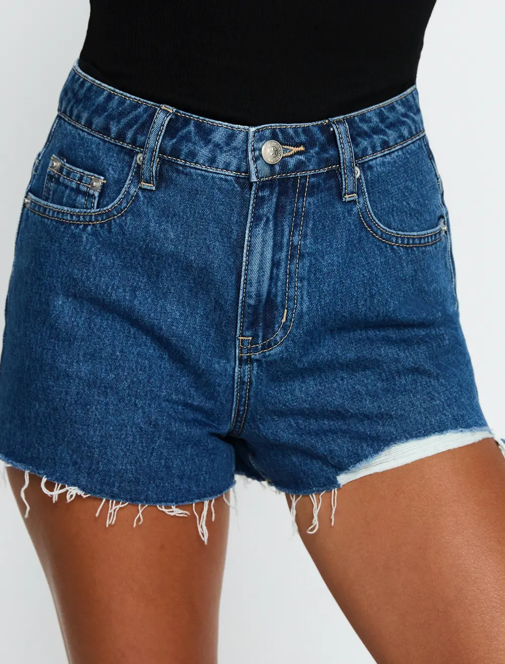 Top Tier Mid Rise Denim Shorts Mid Blue Wash