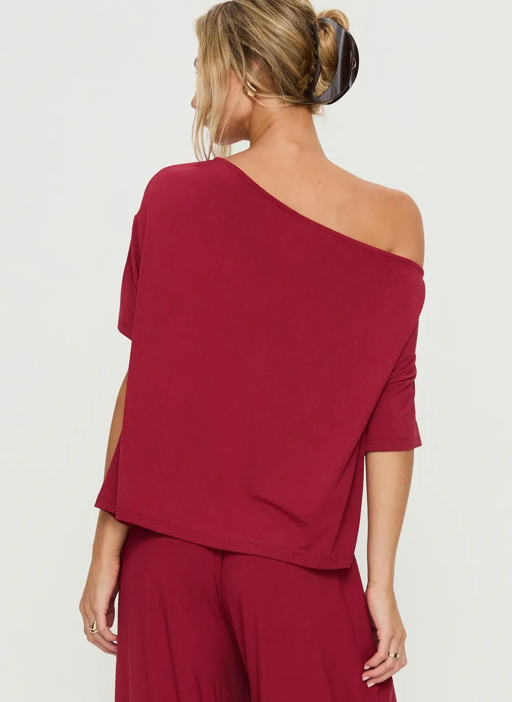 Cozy Hour Sleep Relaxed Off Shoulder Top Red