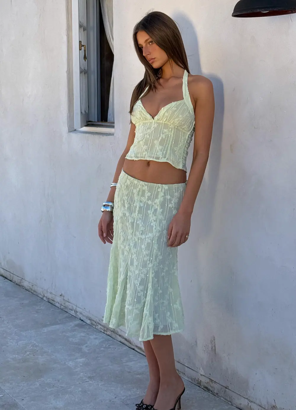 Aspyn Embroidered Midi Skirt Sage Green