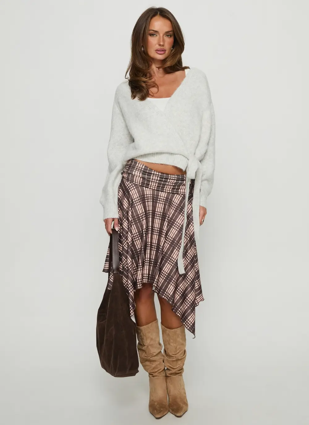 Scholar Asymmetrical Midi Skirt Brown Check