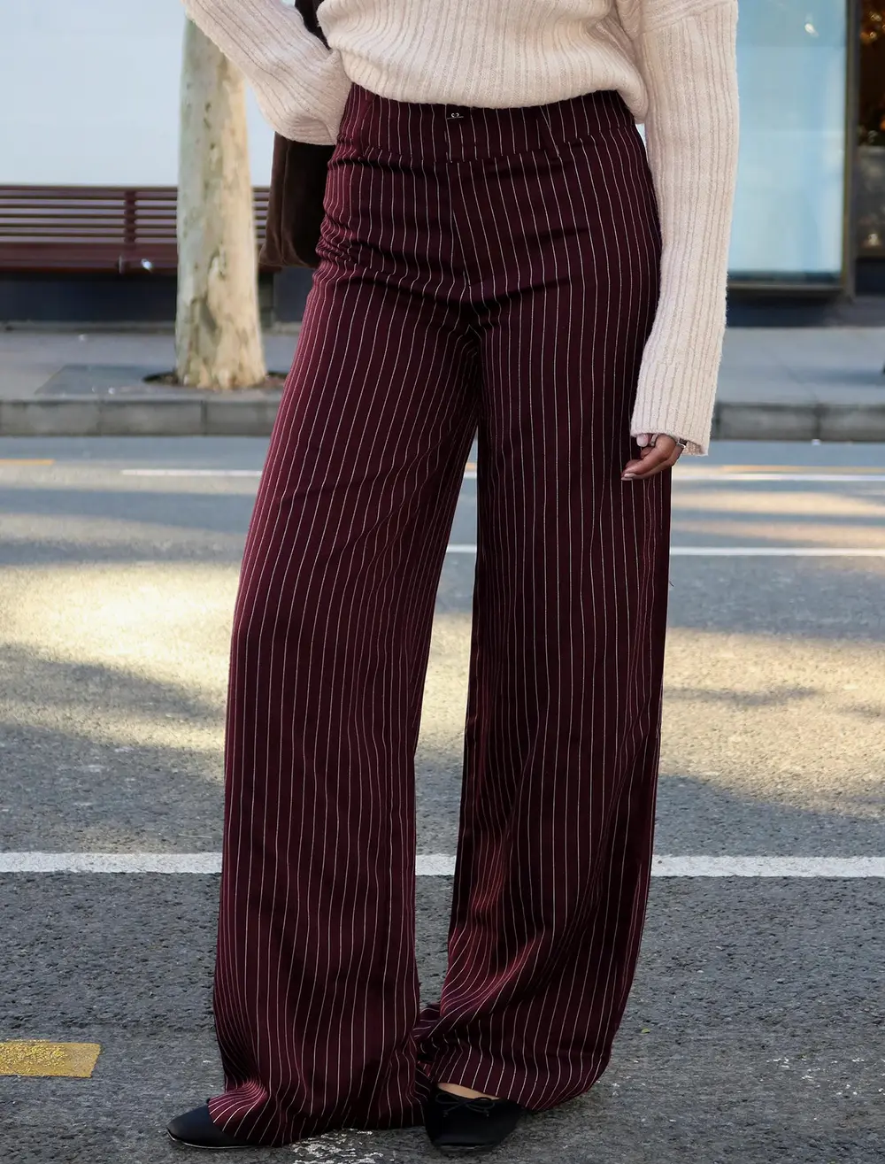 Lorenne Mid Rise Pant Burgundy Pinstripe