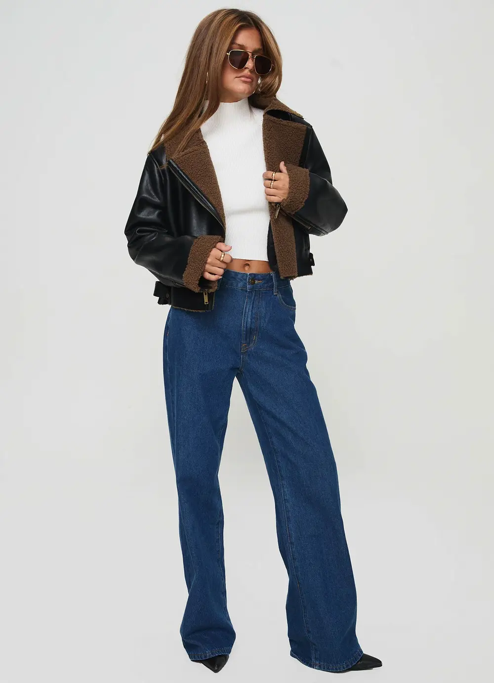 Shearling Trim Faux Leather Jacket Black