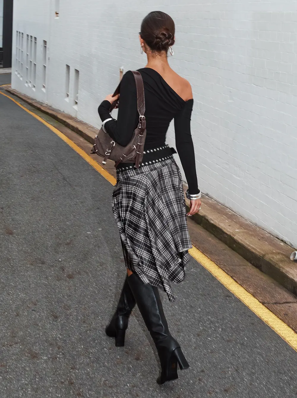 Scholar Asymmetrical Midi Skirt Grey Check