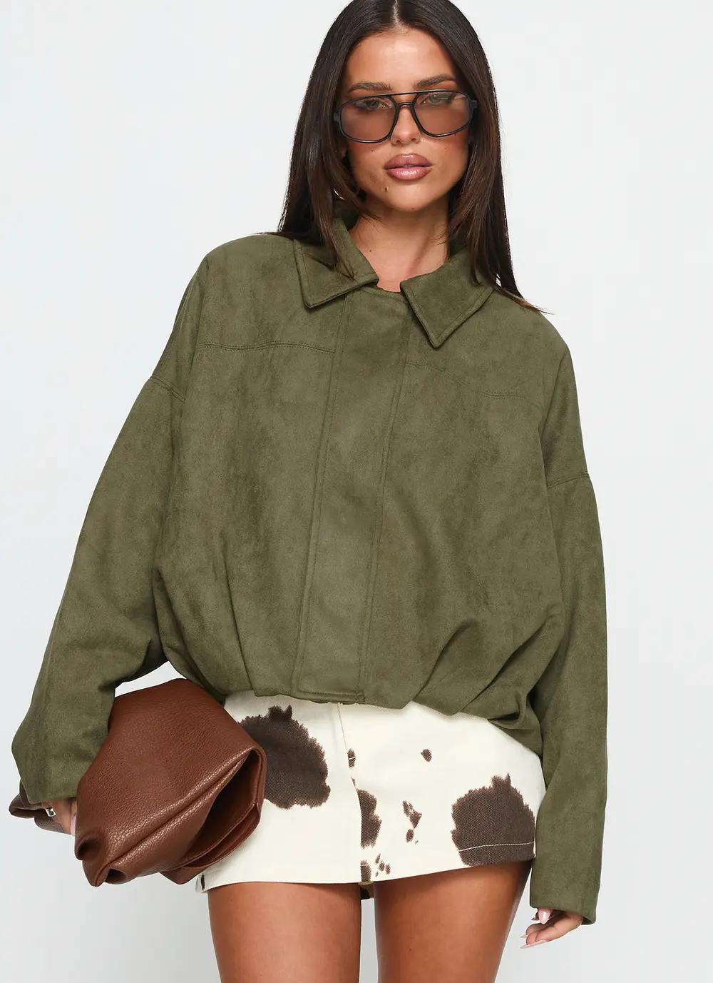 Enlightened Faux Suede Bomber Jacket Khaki