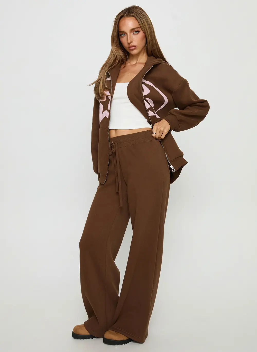 Princess Polly Stargirl Wide Leg Sweat Pants Brown